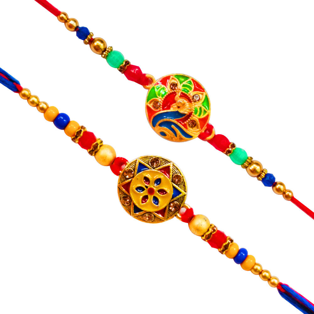 2 Rakhi - Colourful Round Pendant Rakhi Set