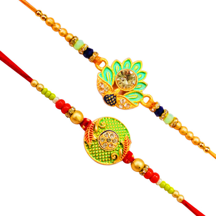 2 Rakhi - Designer Green Colour Rakhi Set