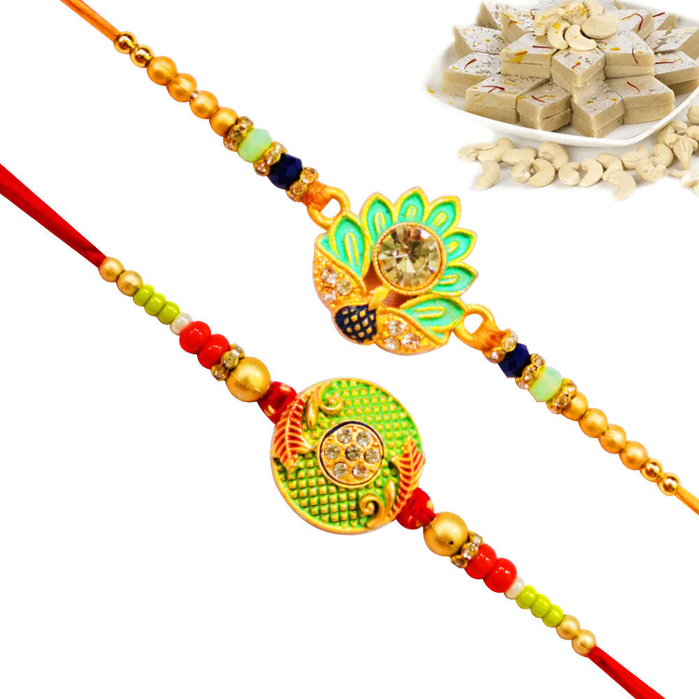 2 Rakhi - Green Rakhi Set With Indian Sweets