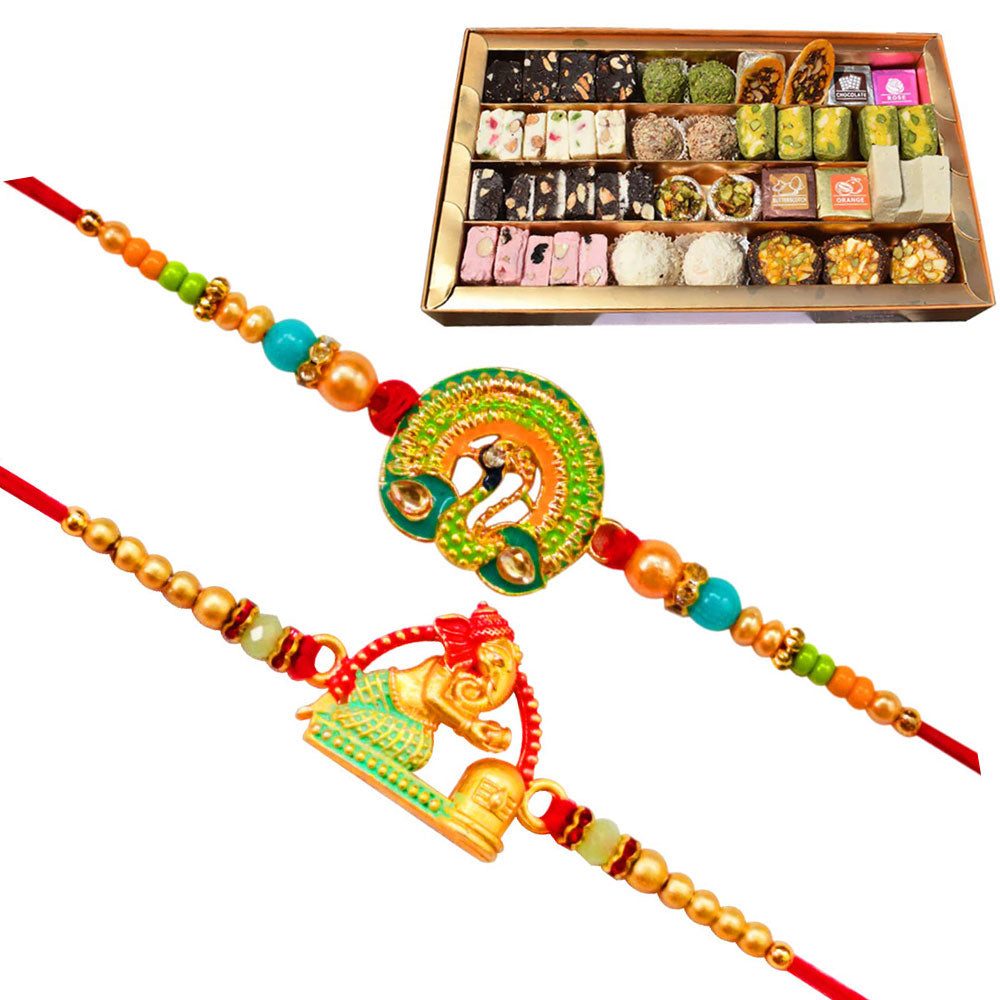 2 Rakhi - Beautiful Rakhi Set With Indian Sweets