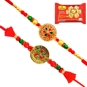 2 Rakhi - Beautiful Round Pendant Rakhi With Indian Sweets