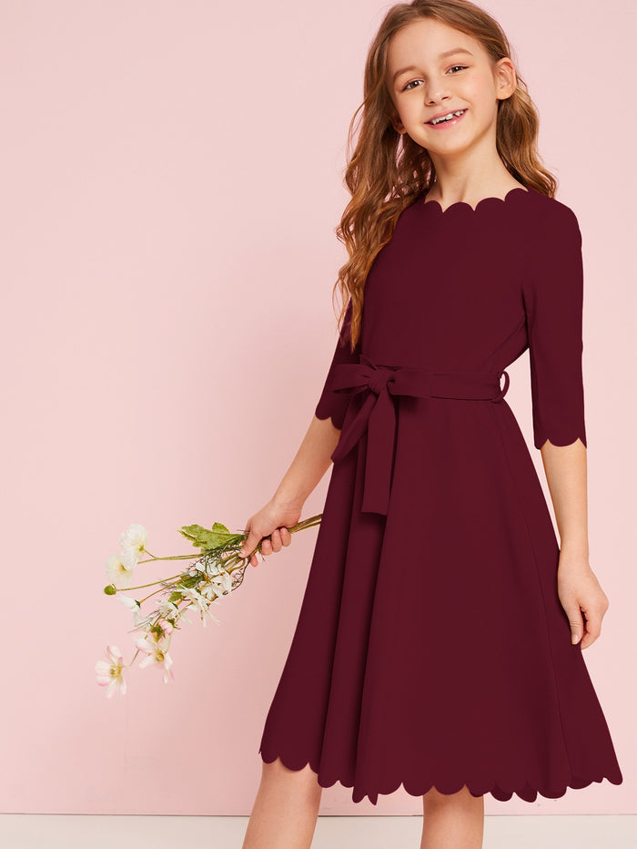 Girls Scallop Trim Belted Dress Burgundy