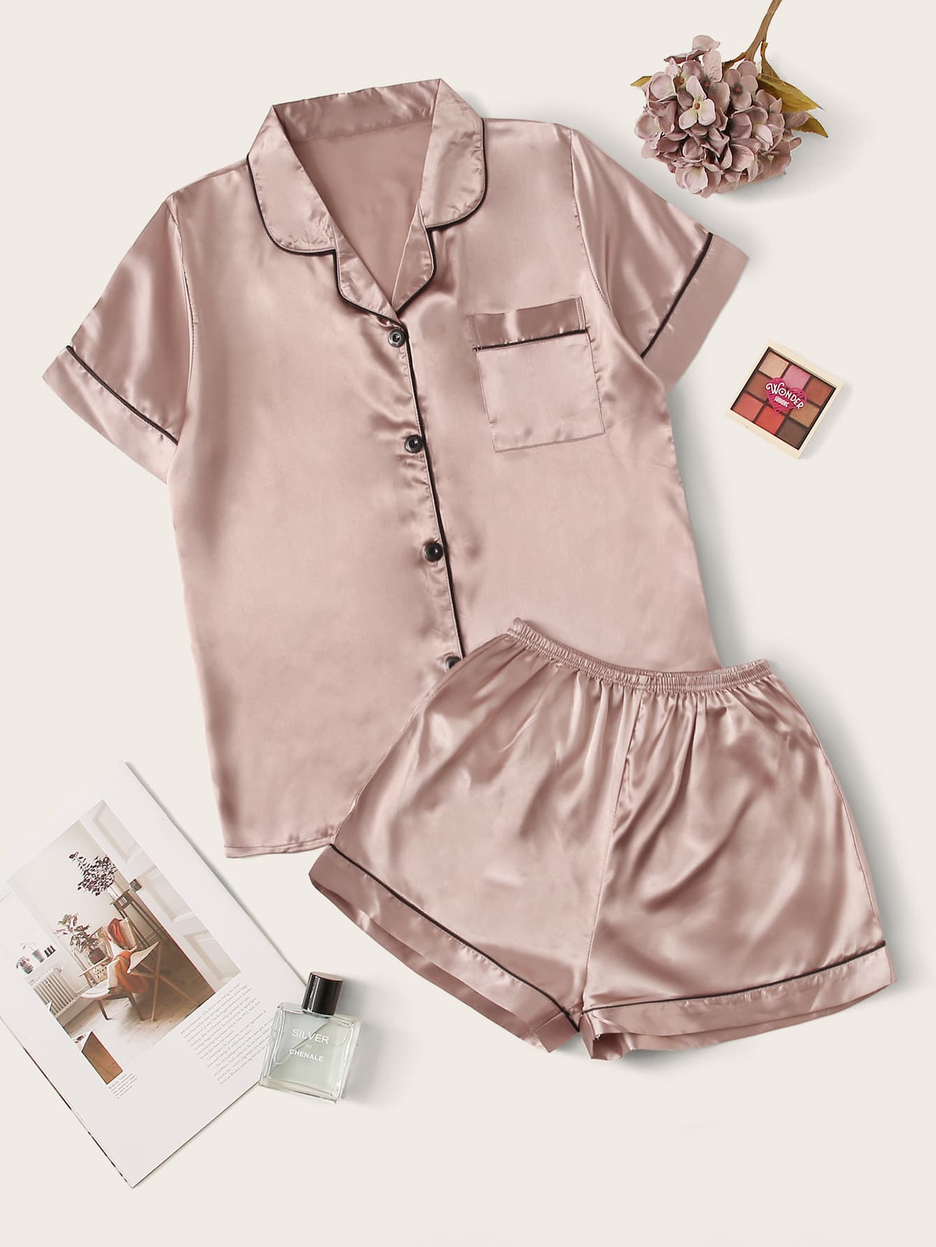 Contrast Binding Satin PJ Set Dusty Pink Rakhi Stores