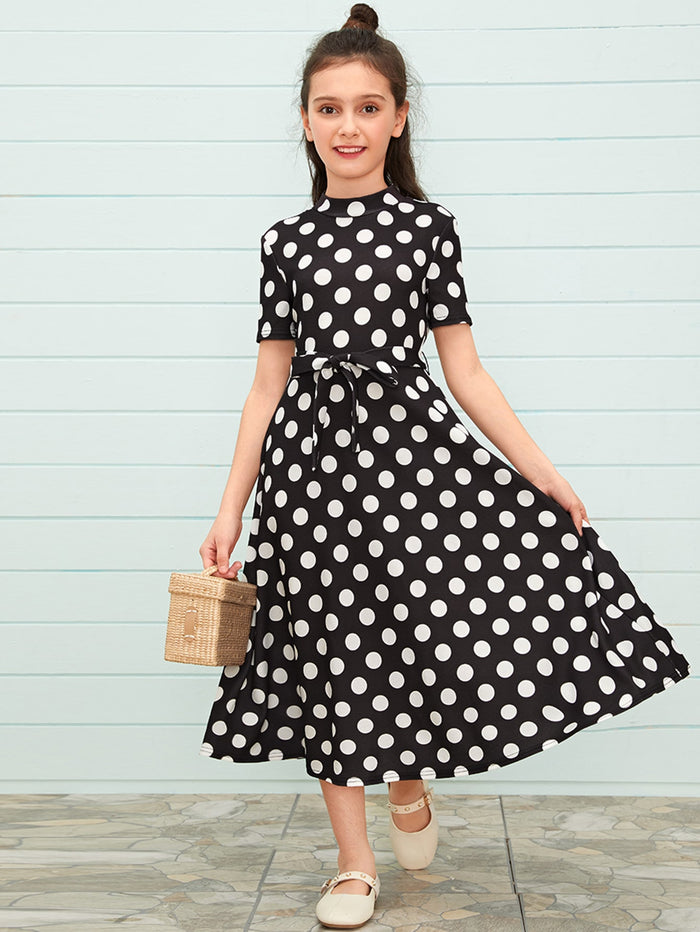 Girls Mock-Neck Self Belted Polka Dot Dress