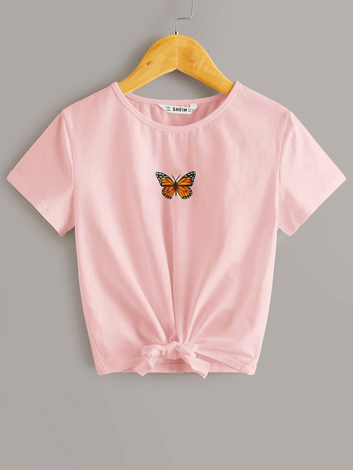 Girls Butterfly Print Knot Hem Tee Pink