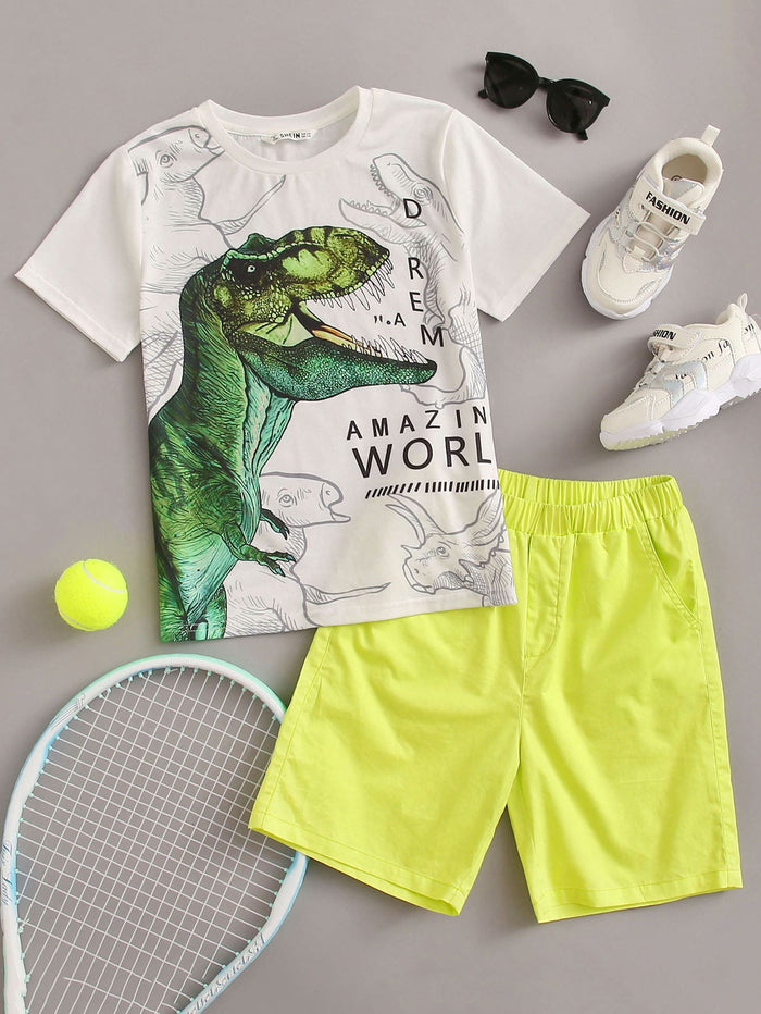 Boys Dinosaur and Letter Print Tee and Slant Pocket Shorts Set Multicolor