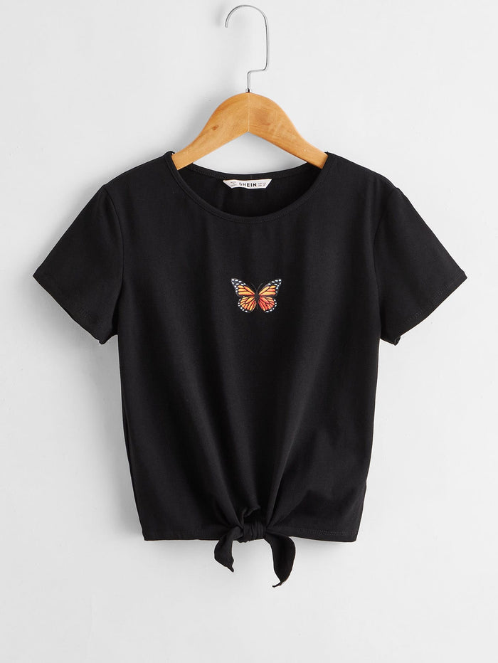 Girls Butterfly Print Knot Hem Tee Black