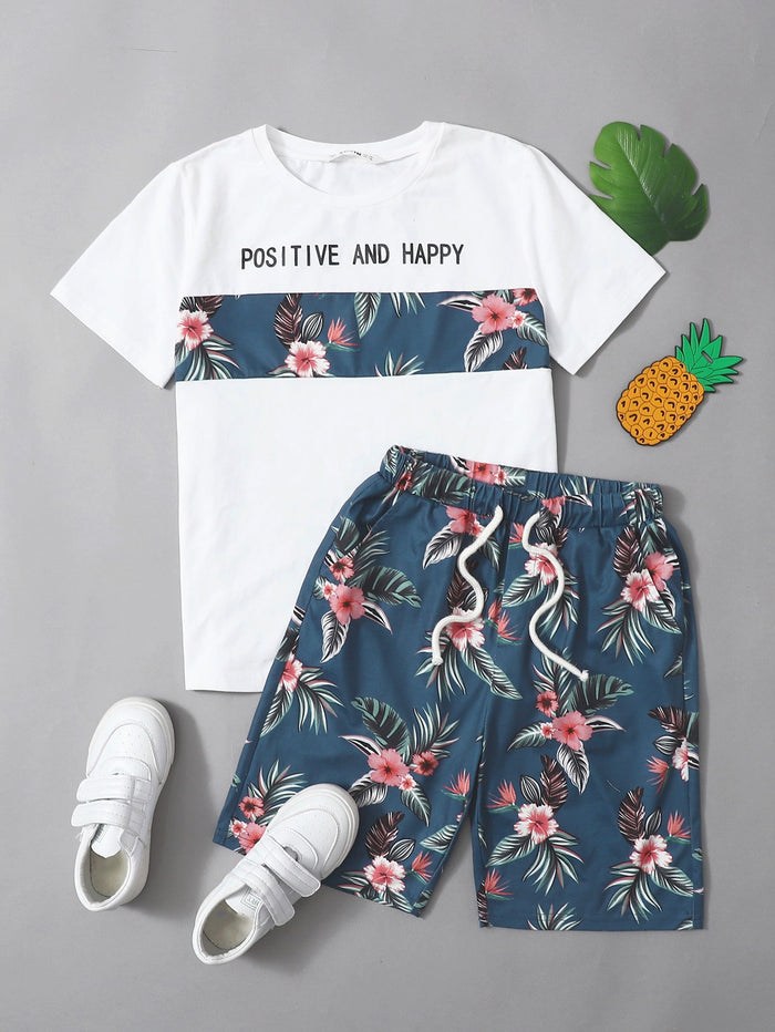 Boys Floral & Slogan Graphic Tee & Shorts Set