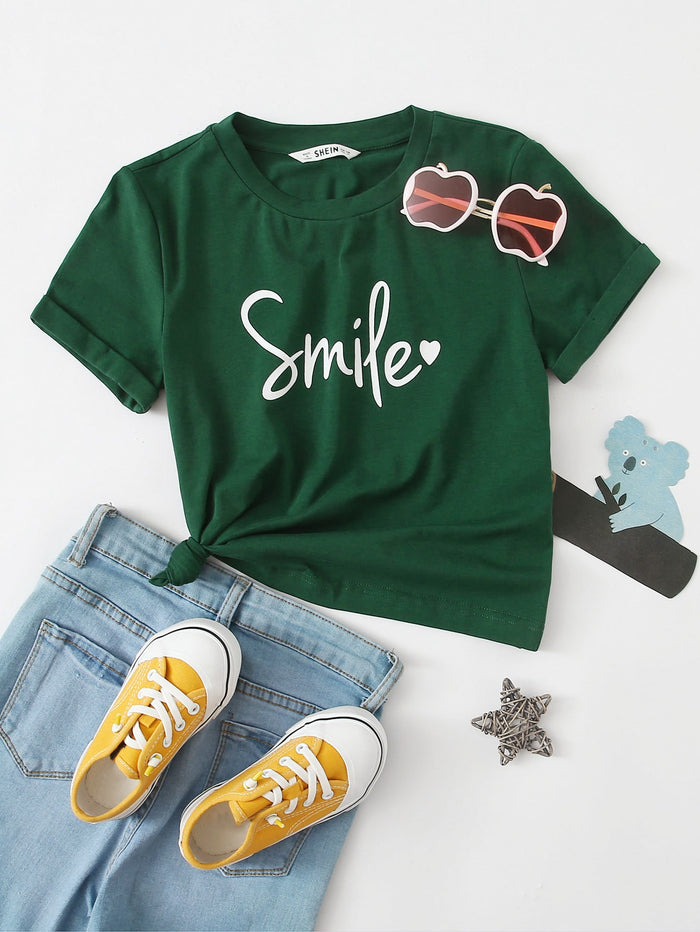 Girls Letter and Heart Print Rolled Up Sleeve Tee Dark Green