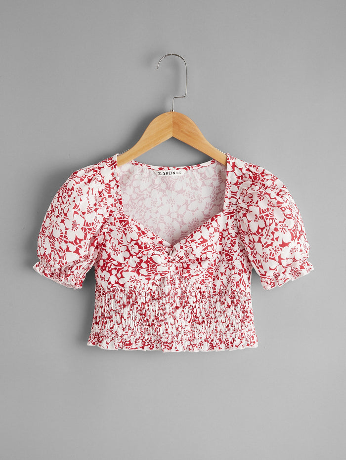 Girls Sweetheart Neck Twist Front Shirred Panel Frill Trim Floral Top Red and White