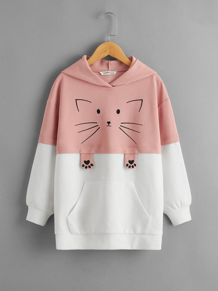 Girls Cartoon Graphic Pocket Front Colorblock Hoodie Multicolor