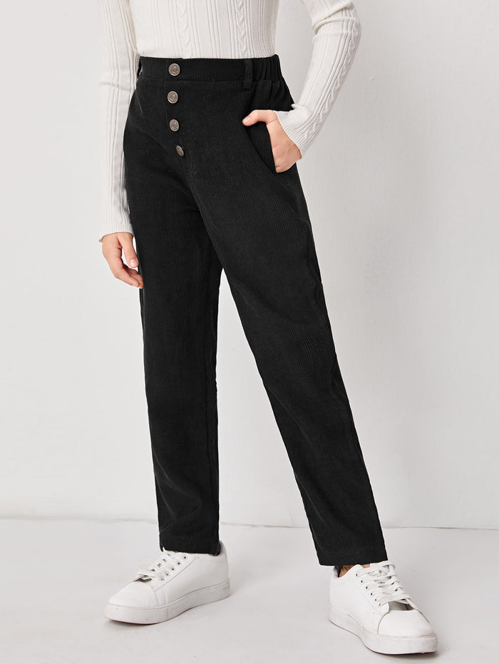 Girls Button Front Corduroy Pants Black