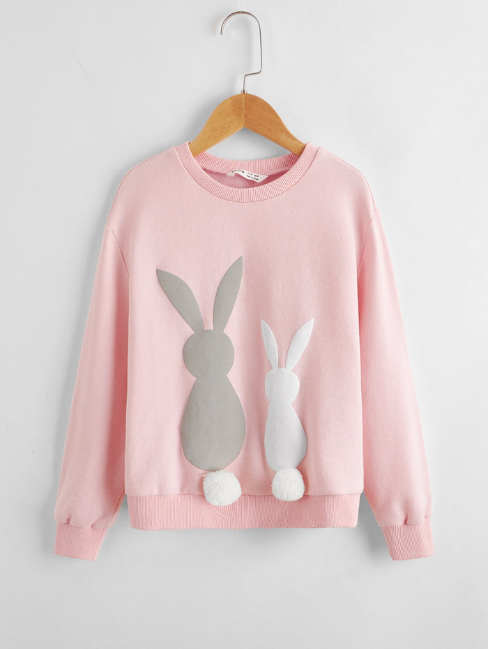 Girls Rabbit Print Drop Shoulder Pom Pom Detail Pullover