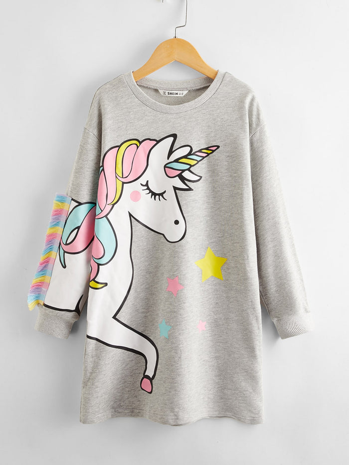 Girls Fringe Detail Unicorn Print Sweatshirt Dress Grey