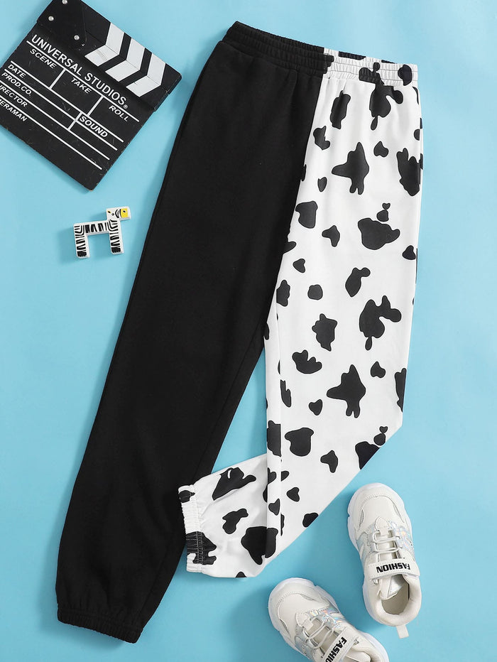 Girls Cow Print Colorblock Joggers