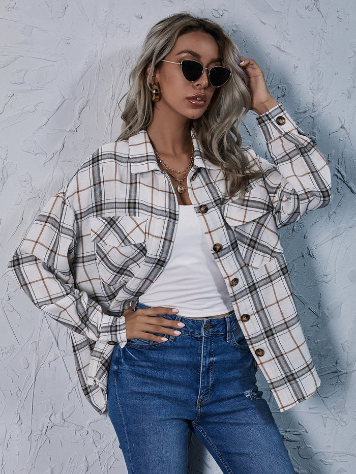 Drop Shoulder Plaid Blouse Black and White