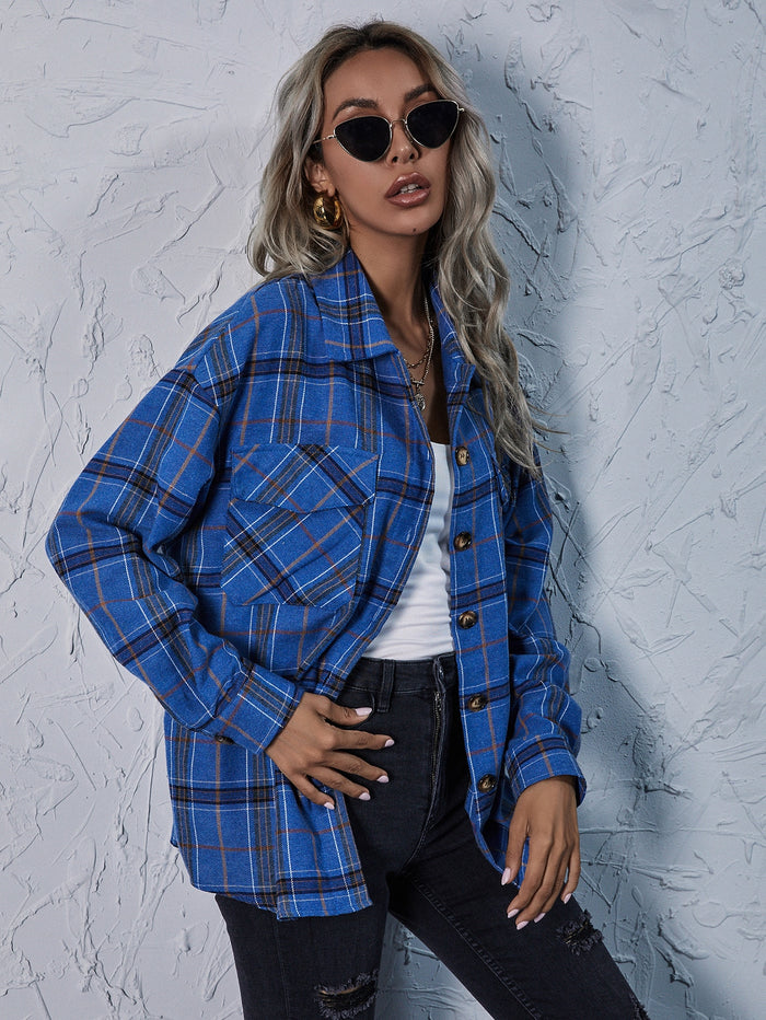 Drop Shoulder Plaid Blouse Blue