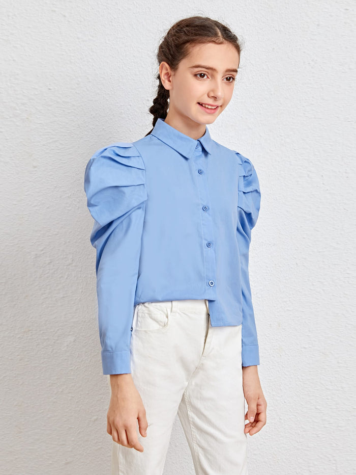 Girls Single Breasted Gigot Sleeve Blouse