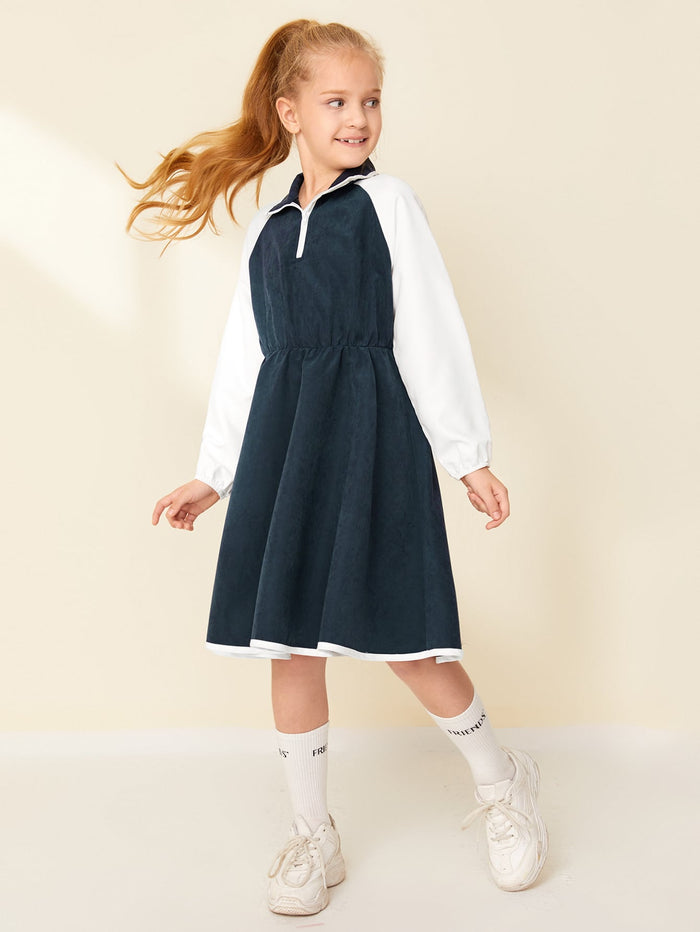 Girls Zipper Half Placket Colorblock Raglan Sleeve Dress