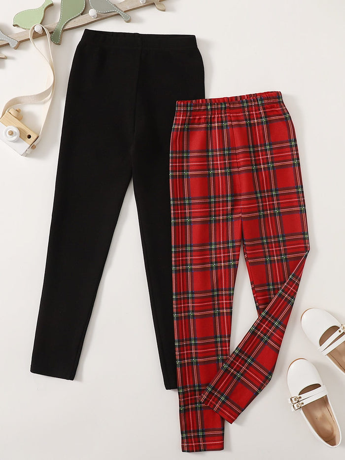 Girls 2 Pack Tartan Leggings