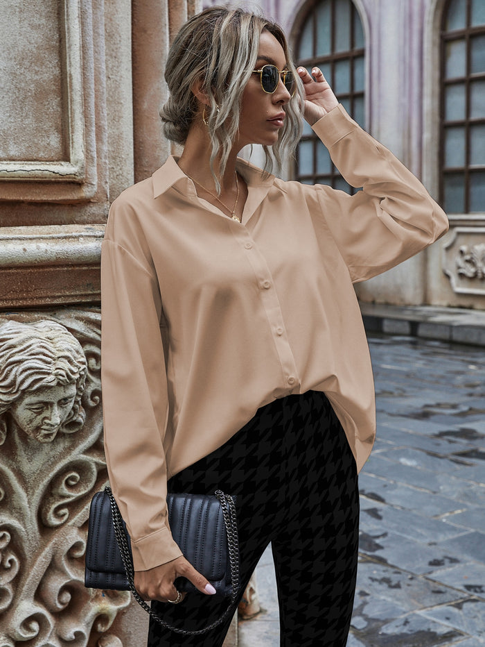 Solid Button-Front Drop Shoulder Shirt Apricot