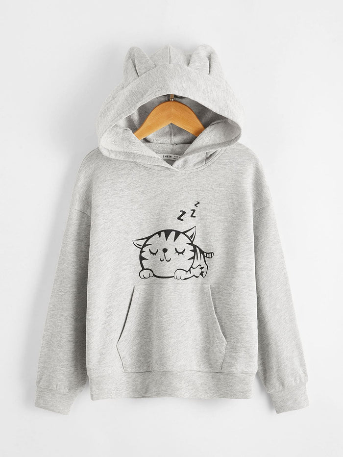 Girls Cartoon Graphic Drop Shoulder Ear Hooded Sweatshirt