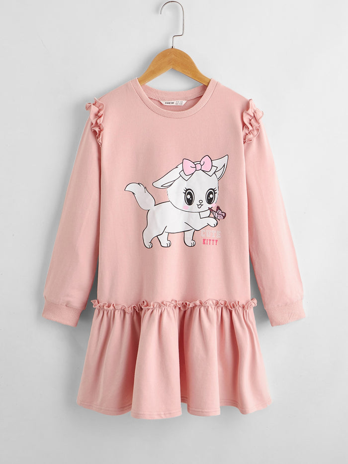 Girls Cartoon Graphic Ruffle Hem Sweatshirt Dress