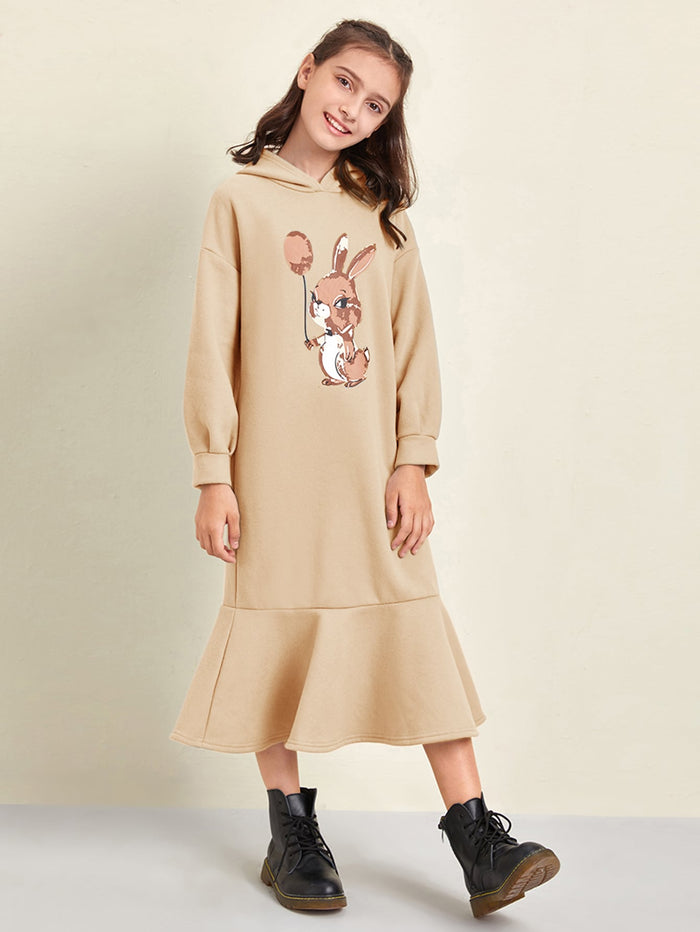 Girls Rabbit Print Drop Shoulder Flounce Hem Hoodie Dress Khaki