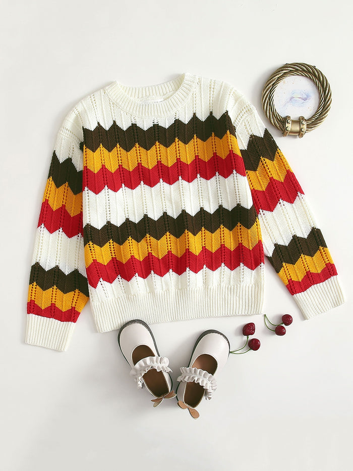 Girls Chevron Pattern Pointelle Knit Sweater