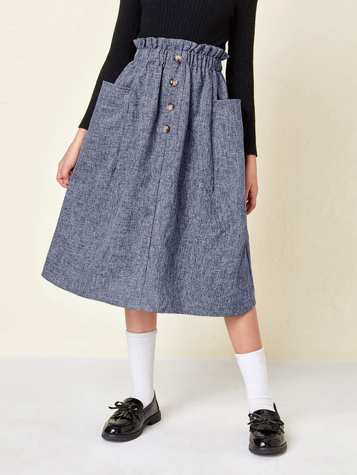 Girls Paperbag Waist Button Front Linen Look Skirt Blue