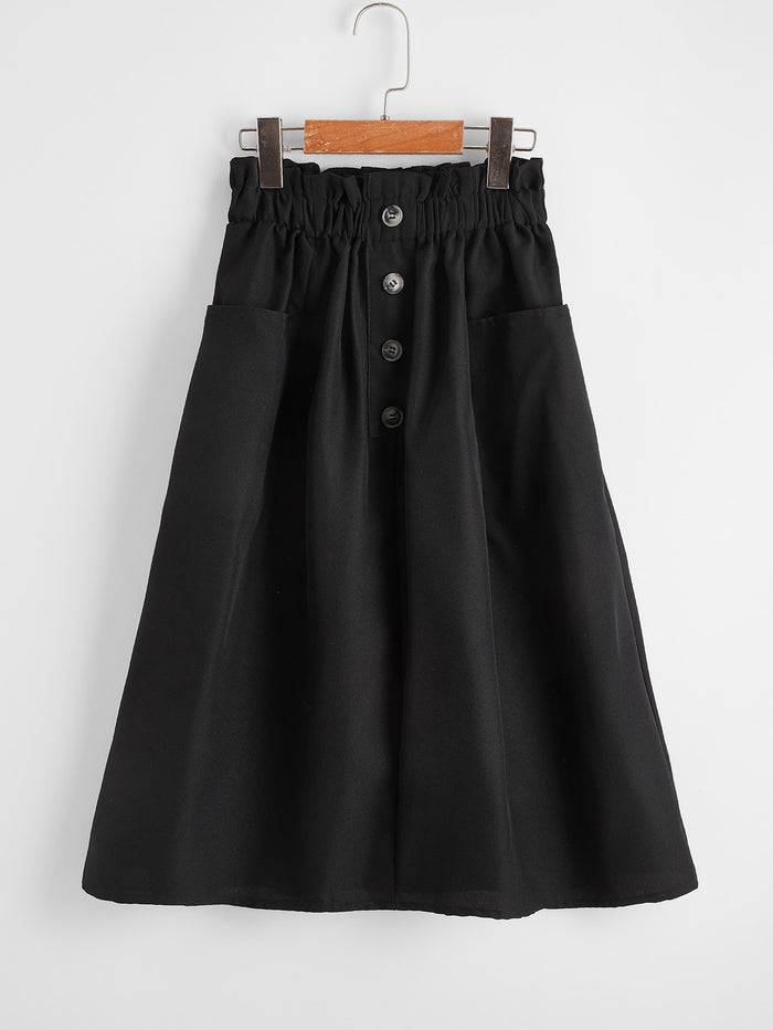 Girls Paperbag Waist Button Front Linen Look Skirt Black