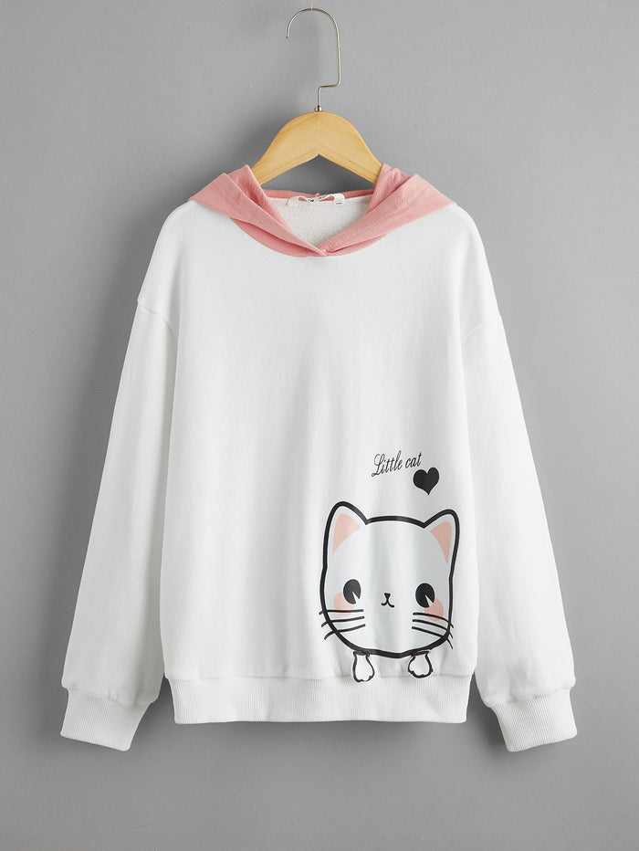 Girls Letter and Cat Print Contrast Hooded Pullover