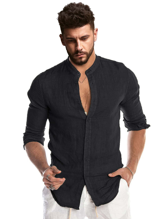 Men Stand Neck Button Up Shirt Black