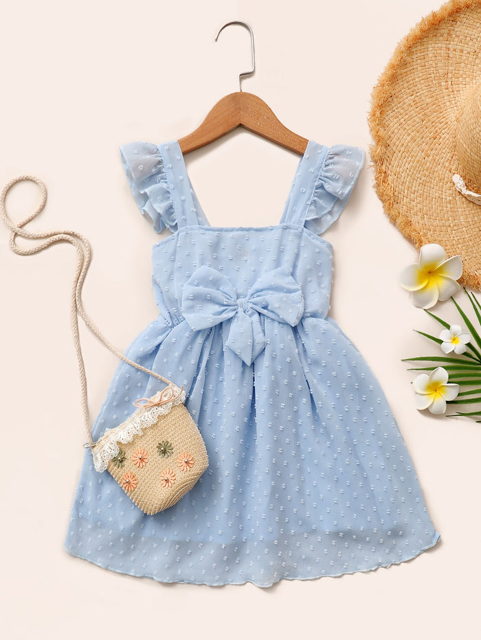 Toddler Girls Swiss Dot Ruffle Bow A-line Dress Dusty Blue