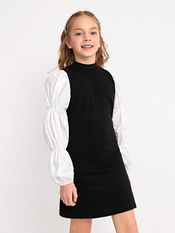 Girls Contrast Elastic Sleeve Mock Neck Dress