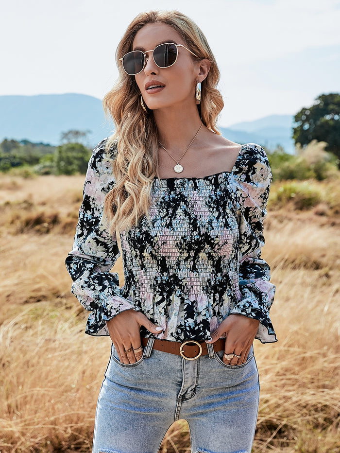 Floral Print Shirred Peplum Blouse