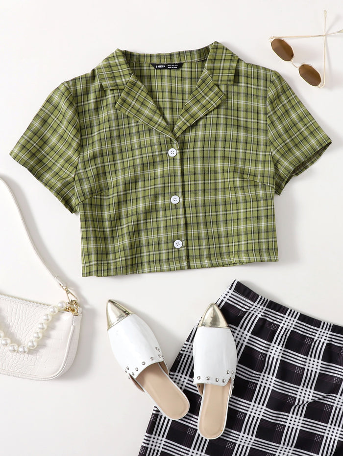 Notch Collar Tartan Crop Blouse Army Green