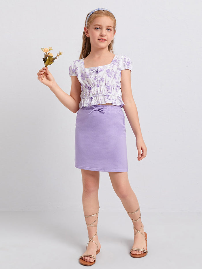 Girls Knot Front Ruched Peplum Top & Skirt Set