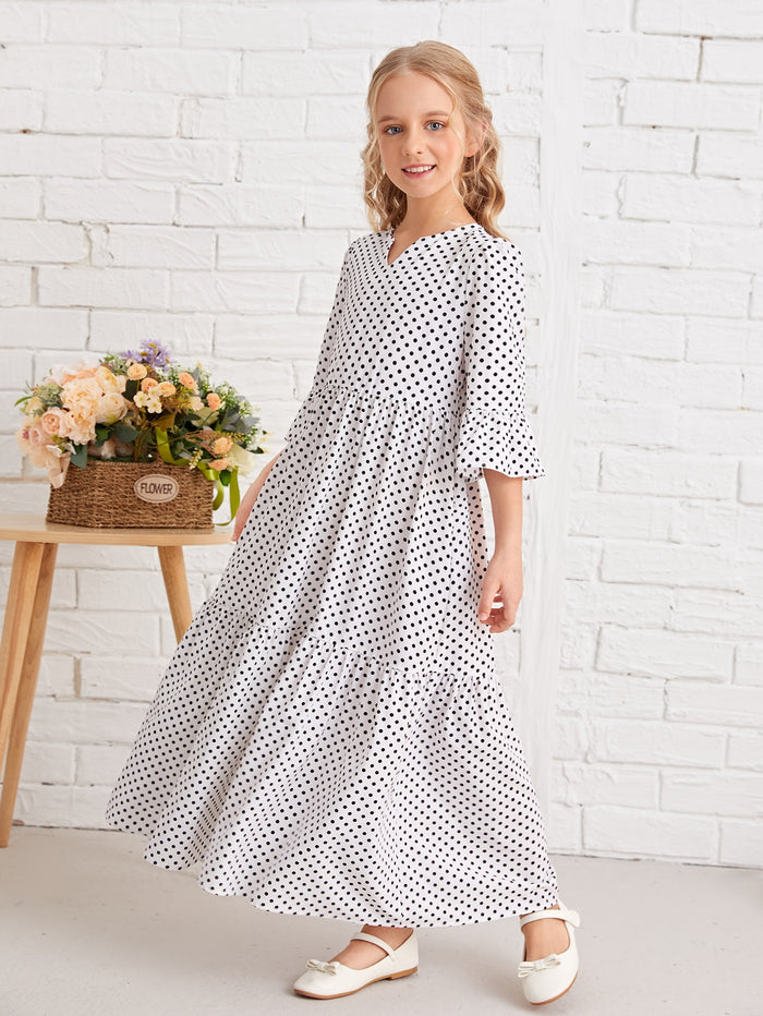 Girls Polka Dot Print Flounce Sleeve Dress