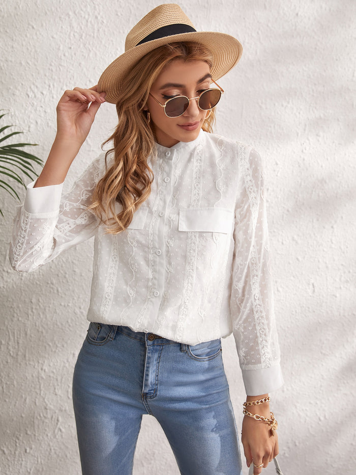 Buttoned Front Flap Detail Appliques Blouse