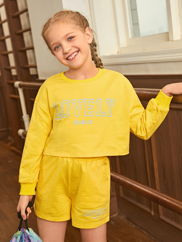 Girls Letter Graphic Drop Shoulder Pullover & Shorts Set