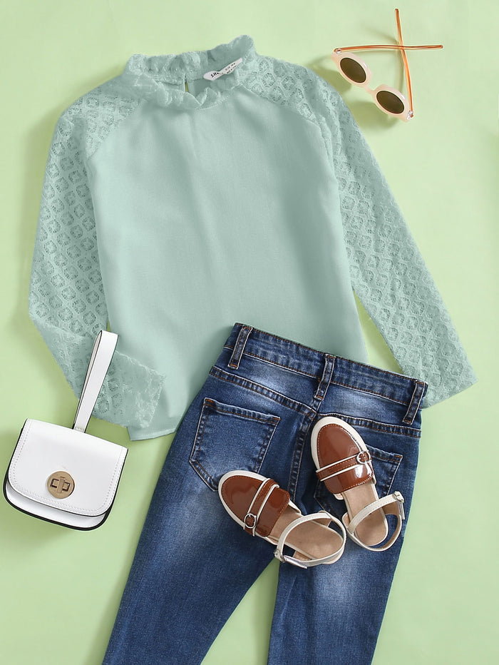 Girls Mock Neck Lace Raglan Sleeve Top Mint Green