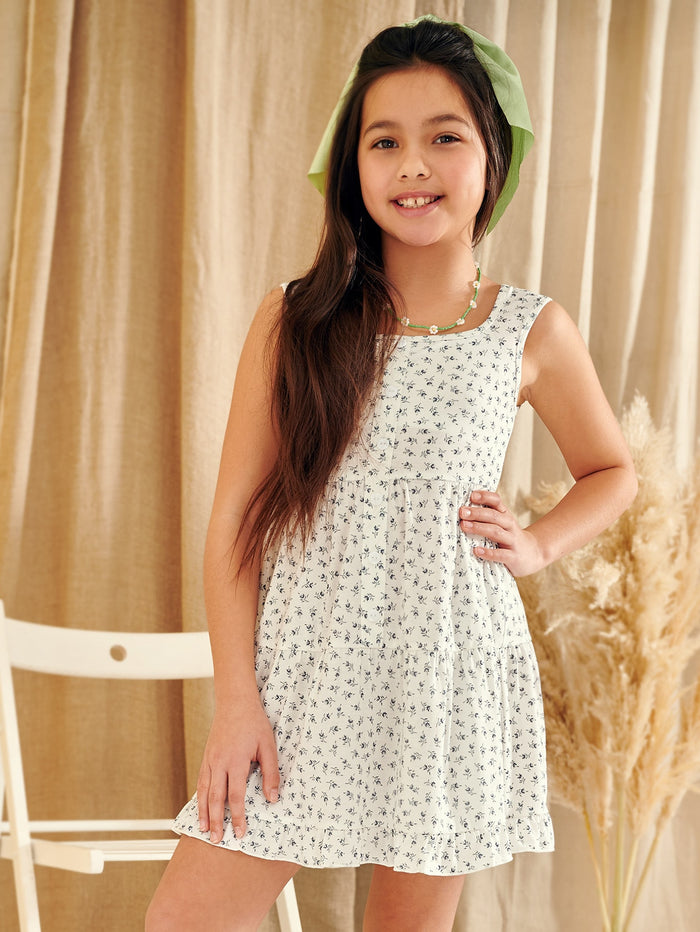 Girls Square Neck Button Detail Ditsy Floral Dress