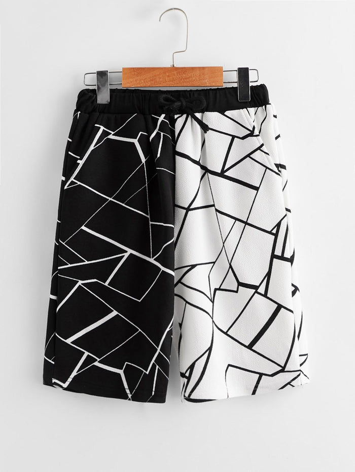 Boys Drawstring Waist Geo Print Spliced Shorts