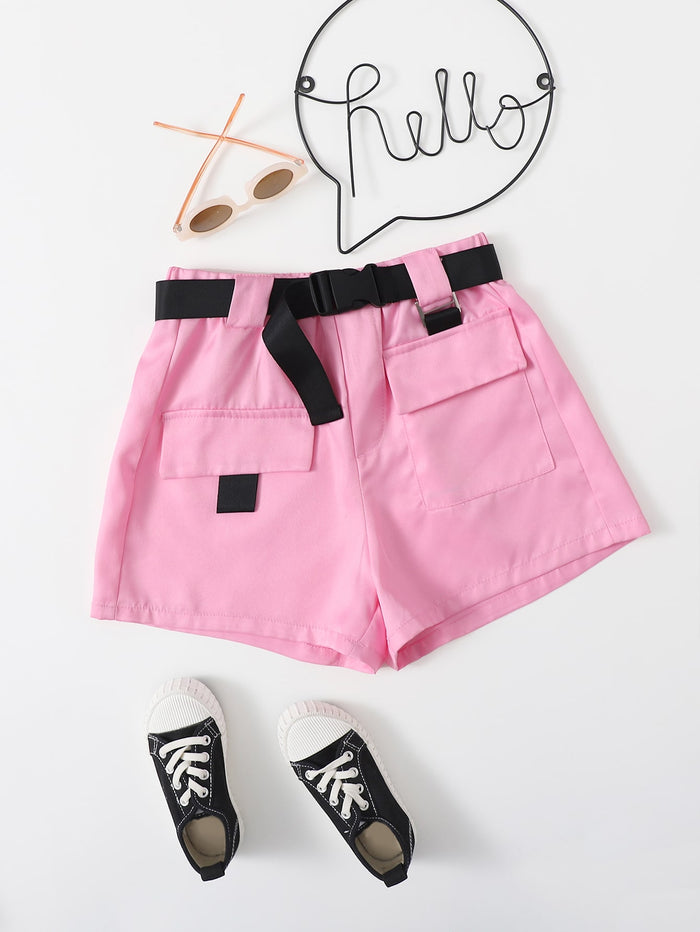 Girls Flap Pocket Shorts With Buckle Belt Pink