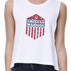 American Warrior Womens White Crewneck Crop Tee Shirt Gift For Her