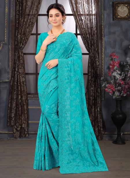 Firozi Georgette Wedding Wear Embroidery Work Saree