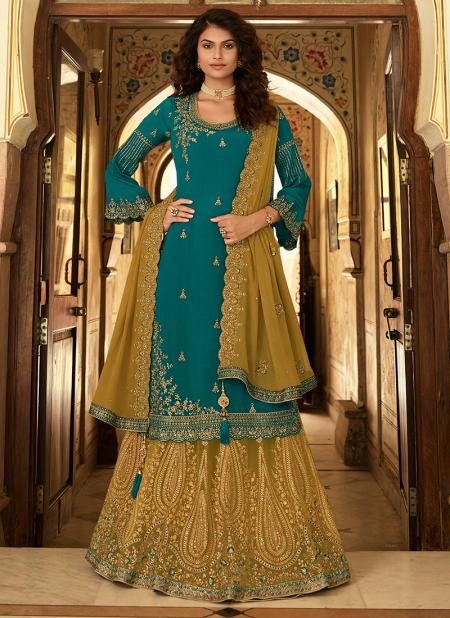 Firozi Pure Chinnon Reception Wear Embroidery Work Lehenga Suit