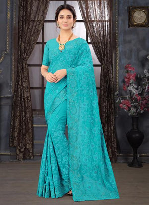 Sky blue  Georgette Wedding Wear Embroidery Work Saree