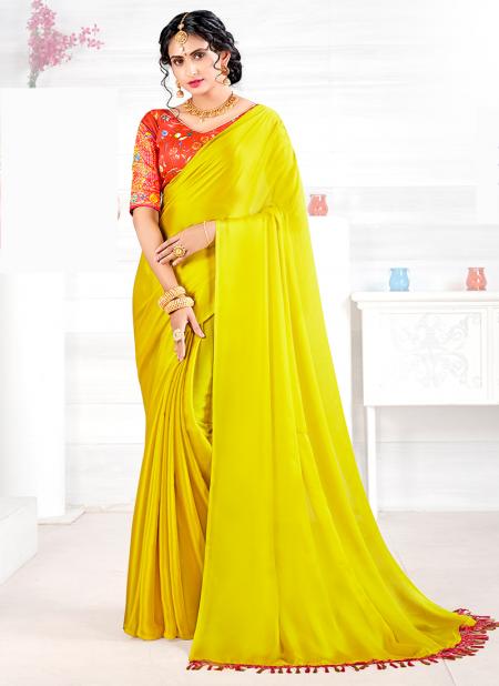 Yellow Georgette Satin Party Wear Plain Saree